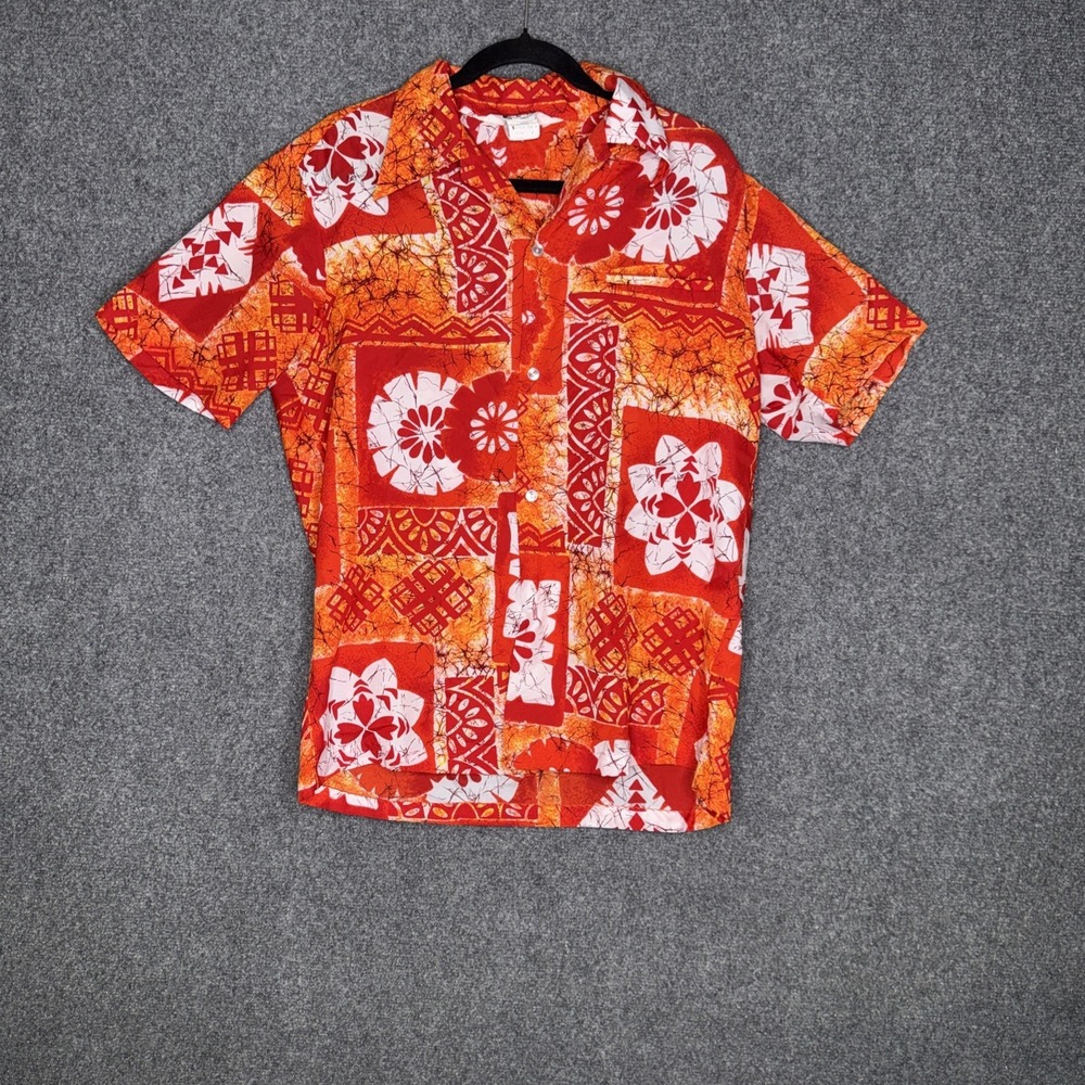 Vtg 70s Lauhala Hawaiian Aloha Shirt Men M Red Orange Tribal Tropical Festival